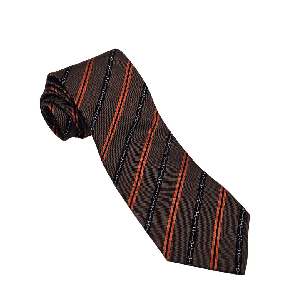 Gucci Horsebit‎ Silk Tie Brown Orange Textured Stripe Equestrian Luxury Designer